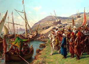 İstanbul'un Fethi (1453) sırasında, II. Mehmed komutasında Osmanlı donanmasının Haliç'e indirilmesini tasvir eden tablo (Fausto Zonaro)