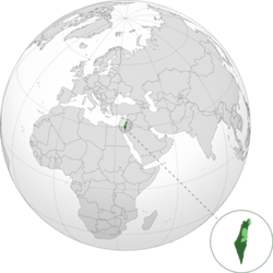 İsrail'in Dünya üzerindeki konumu. İsrail'in işgali altındaki bölgeler açık yeşil ile gösterilmiştir.