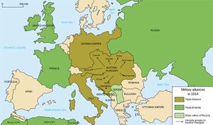 1914 yılında, oluşturulmuş olan ittifakların bir haritası. Yeşil renkte olanlar Üçlü İtilaf, kahverengi renkte olanlar Üçlü İttifak devletleridir. Krem renginde olanlar ise savaşa sonradan dahil olmuşlar ve bu iki bloktan birinde savaşmışlardır.