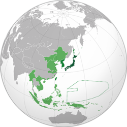 Japon İmparatorluğu'nun en geniş sınırları (1942) *   Japonya *   Koloniler (Kore, Tayvan, Karafuto) / Pasifik Kolonisi *   Japon kukla devletleri / Japon himayeleri /Japonların işgal ettiği topraklar / Tayland (Müttefik)