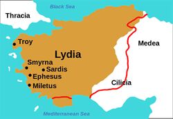 Lidya'nın MÖ 6. yüzyıldaki yayılımını gösteren harita.