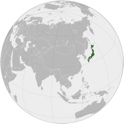 Japonya'nın Asya projeksiyonu üzerinde yeşil renk ile gösterildiği harita.
