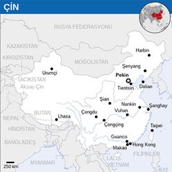 Büyük Çin'deki farklı şehirlerin konumlarını gösteren bir harita (burada Tayvan, Çin'in bir parçası olarak gösterilir)