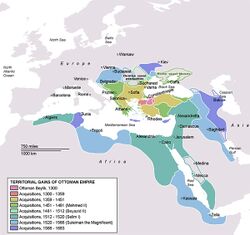 Osmanlıların toprak kazanımları *   Osmanlı Beyliği *   1300-1359 yılları arasındaki ilk genişleme. *   1359-1451 yılları arasındaki genişleme. *   1451-1481 yılları arasındaki genişleme. *   1512-1520 yılları arasındaki genişleme. *   1520-1566 yılları arasındaki genişleme. *   1566-1683 yılları arasındaki son genişleme.